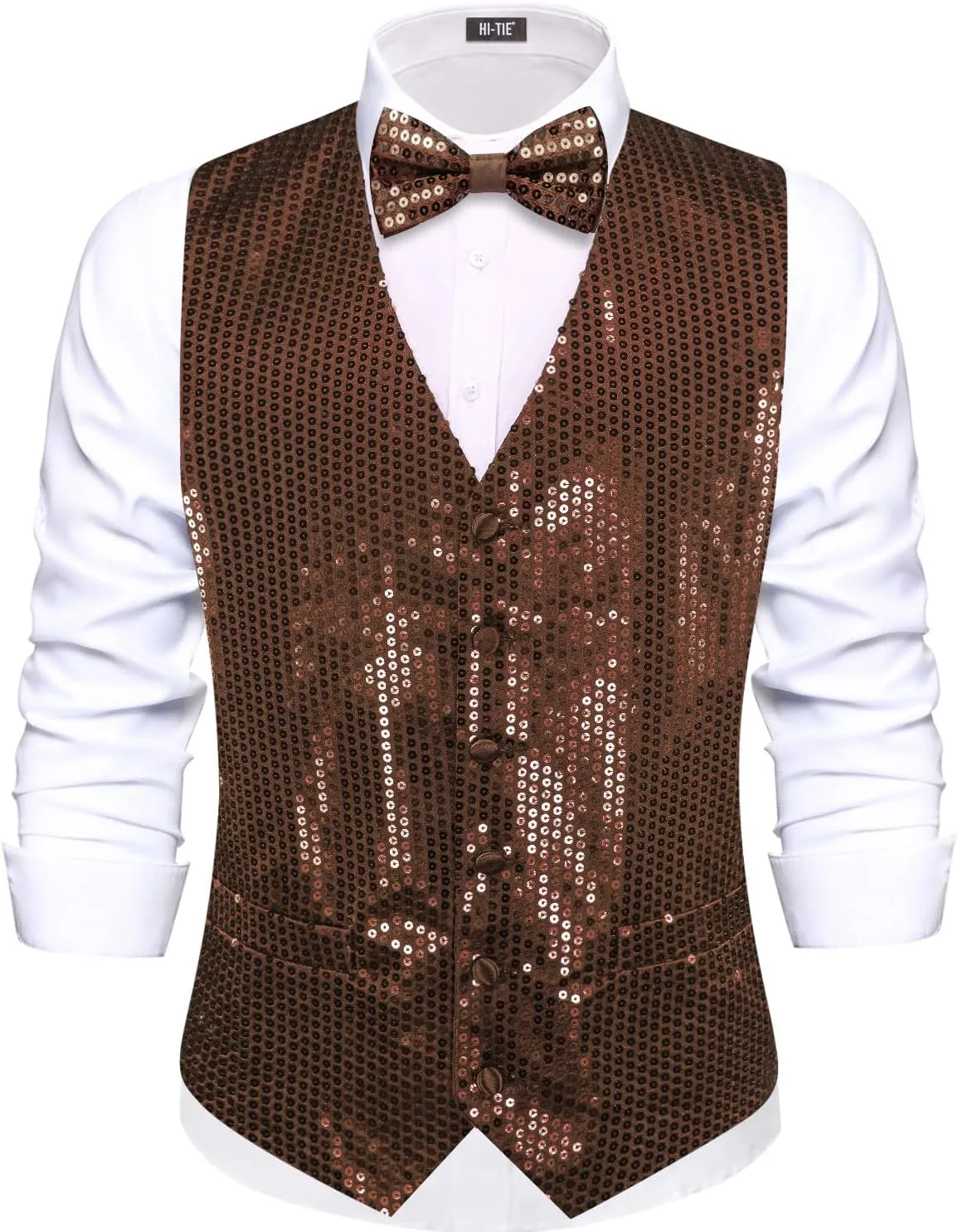 Hi-Tie Men's Sequin Vest Bowtie Prom Suit Vest for Men Tuxedo Dinner V Neck Slim Fit Waistcoats