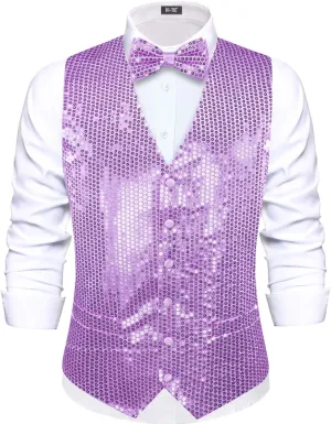 Hi-Tie Men's Sequin Vest Bowtie Prom Suit Vest for Men Tuxedo Dinner V Neck Slim Fit Waistcoats