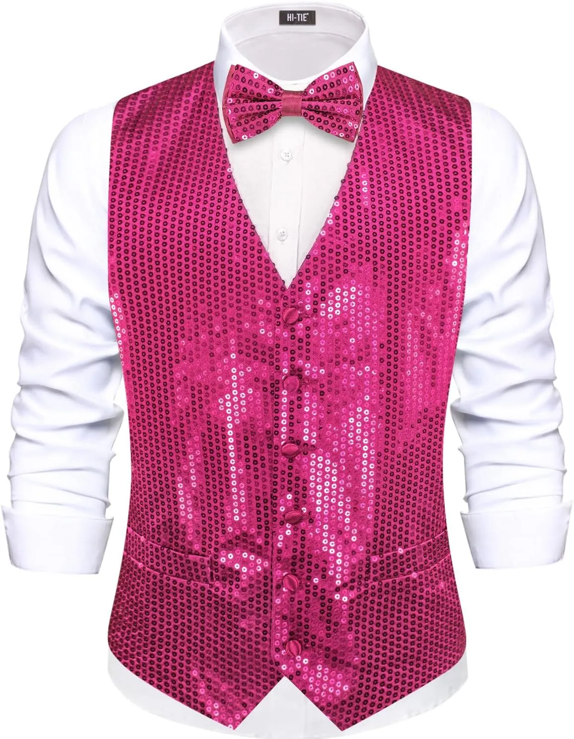Hi-Tie Men's Sequin Vest Bowtie Prom Suit Vest for Men Tuxedo Dinner V Neck Slim Fit Waistcoats