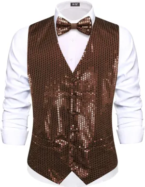 Hi-Tie Men's Sequin Vest Bowtie Prom Suit Vest for Men Tuxedo Dinner V Neck Slim Fit Waistcoats