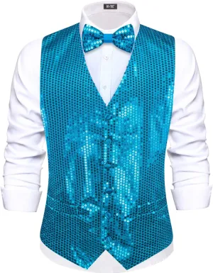 Hi-Tie Men's Sequin Vest Bowtie Prom Suit Vest for Men Tuxedo Dinner V Neck Slim Fit Waistcoats