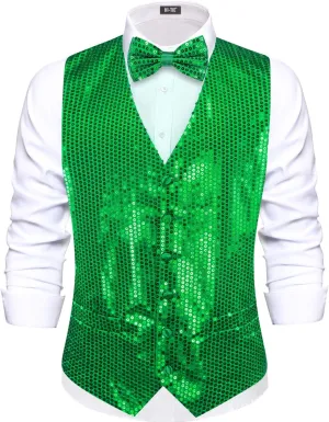 Hi-Tie Men's Sequin Vest Bowtie Prom Suit Vest for Men Tuxedo Dinner V Neck Slim Fit Waistcoats