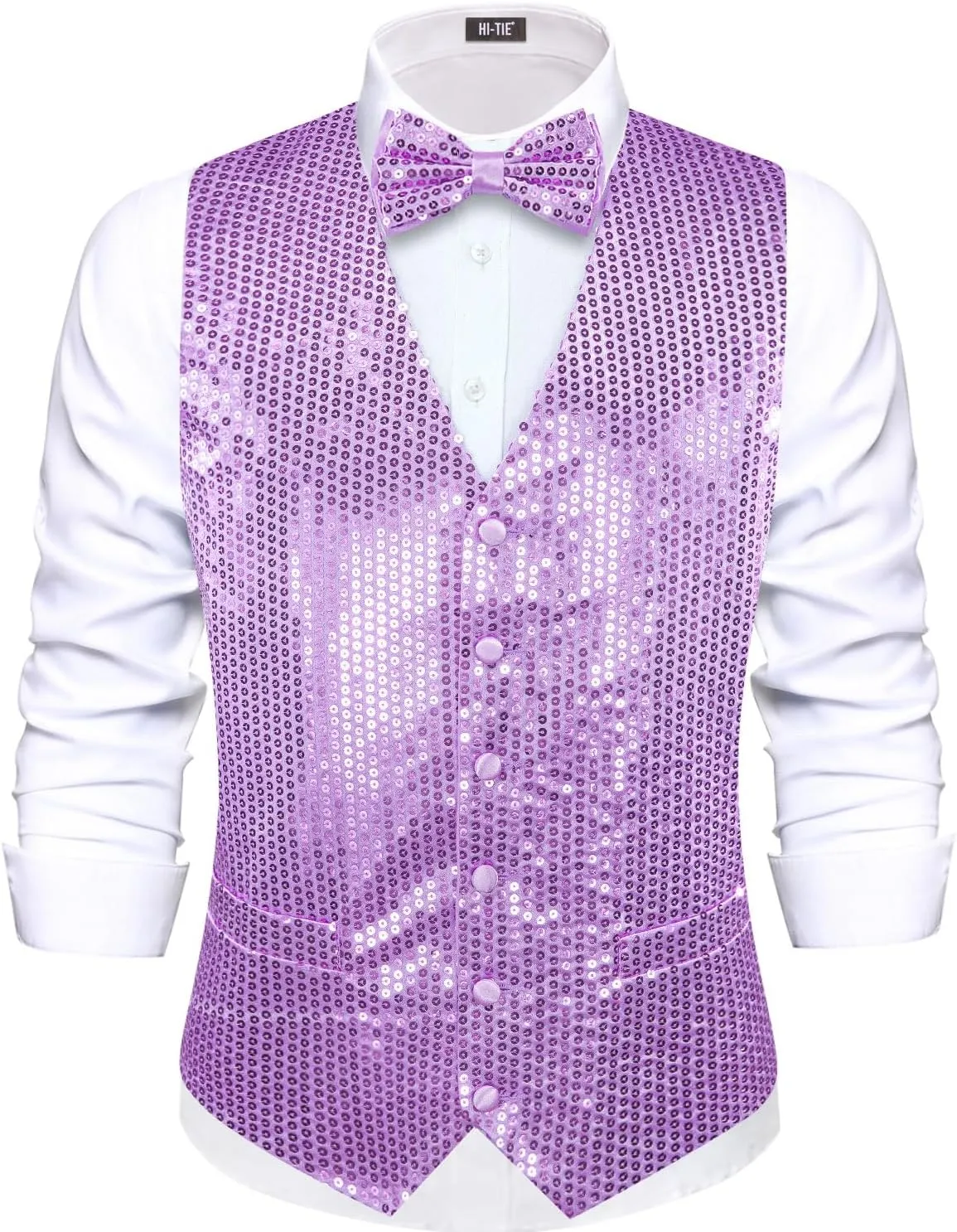 Hi-Tie Men's Sequin Vest Bowtie Prom Suit Vest for Men Tuxedo Dinner V Neck Slim Fit Waistcoats