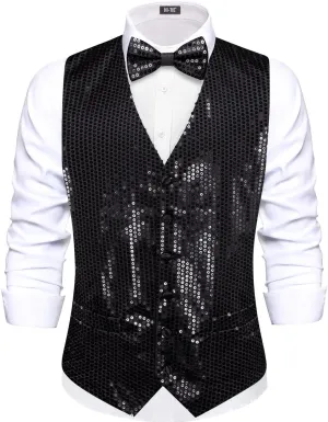 Hi-Tie Men's Sequin Vest Bowtie Prom Suit Vest for Men Tuxedo Dinner V Neck Slim Fit Waistcoats