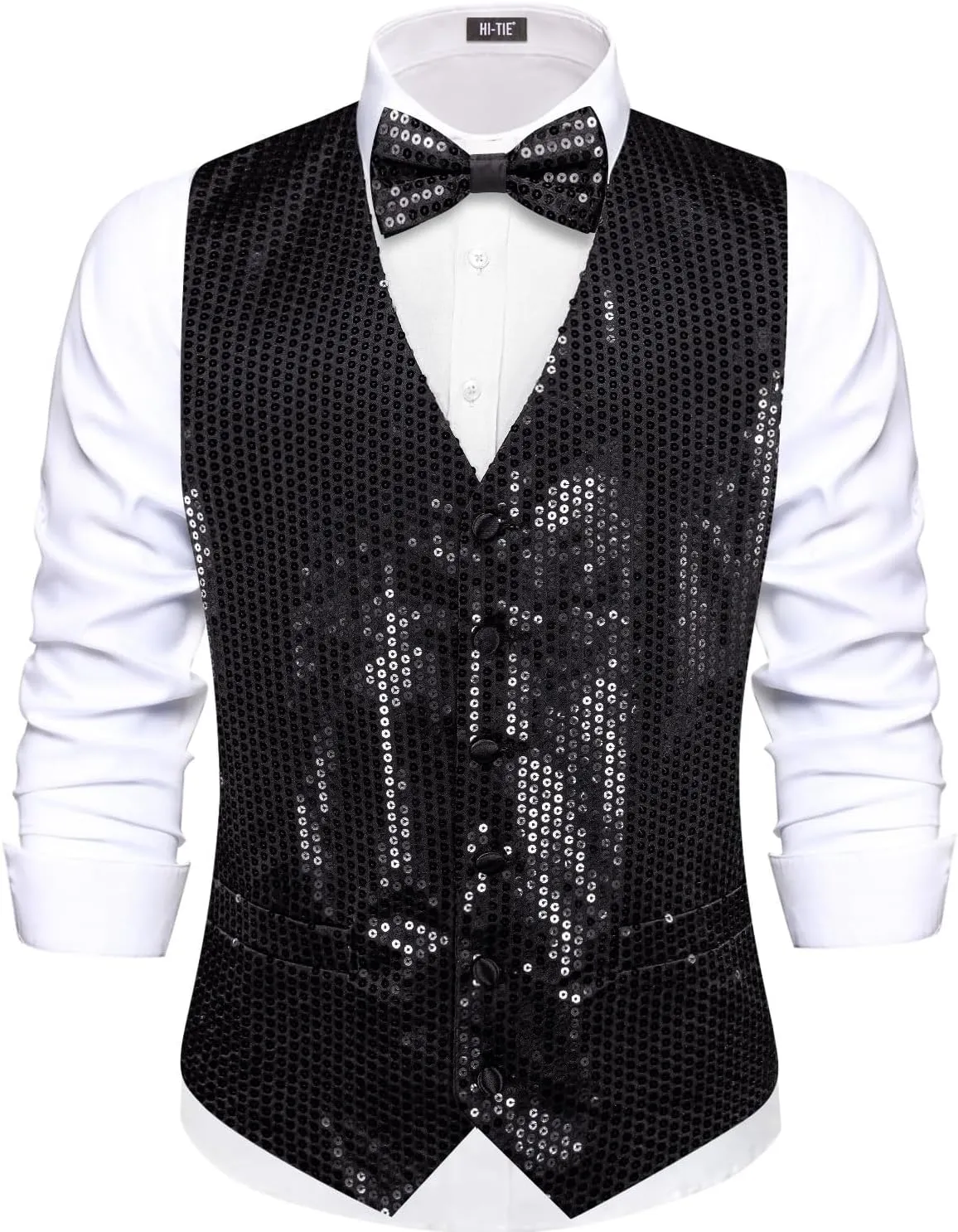 Hi-Tie Men's Sequin Vest Bowtie Prom Suit Vest for Men Tuxedo Dinner V Neck Slim Fit Waistcoats