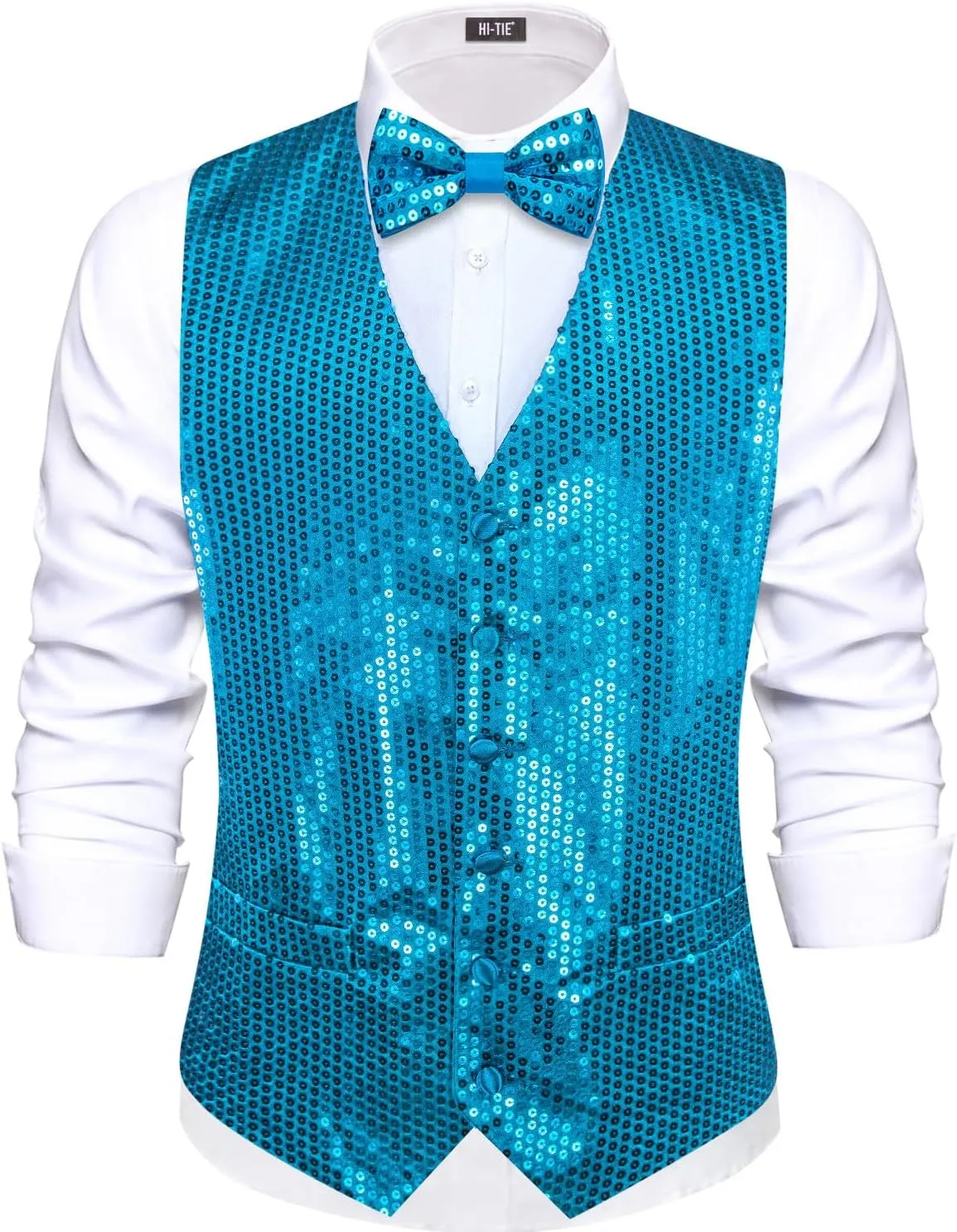 Hi-Tie Men's Sequin Vest Bowtie Prom Suit Vest for Men Tuxedo Dinner V Neck Slim Fit Waistcoats