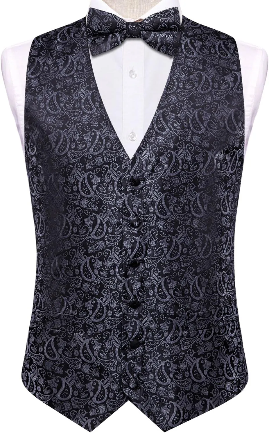 Hi-Tie Men's Silk Vest Bowtie Set Formal Suit Vest Jacquard Tie Handkerchief Cufflinks 5PCS Dress Waistcoats Wedding