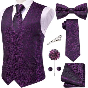 Hi-Tie Men's Silk Vest Bowtie Set Formal Suit Vest Jacquard Tie Handkerchief Cufflinks 5PCS Dress Waistcoats Wedding