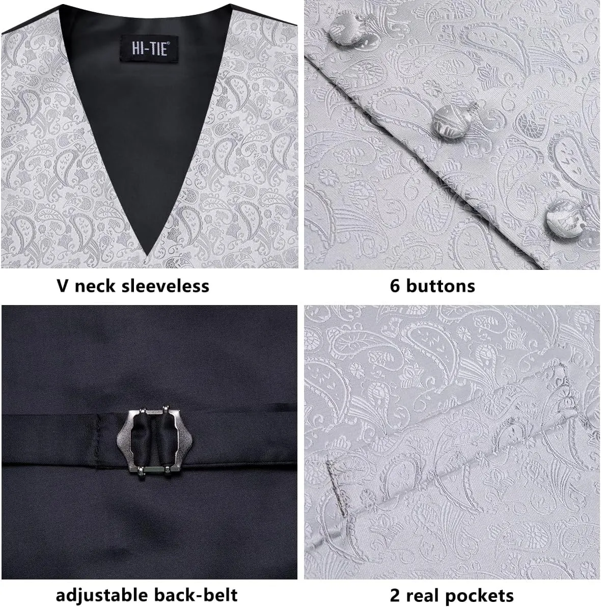 Hi-Tie Men's Silk Vest Bowtie Set Formal Suit Vest Jacquard Tie Handkerchief Cufflinks 5PCS Dress Waistcoats Wedding