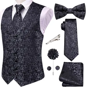 Hi-Tie Men's Silk Vest Bowtie Set Formal Suit Vest Jacquard Tie Handkerchief Cufflinks 5PCS Dress Waistcoats Wedding