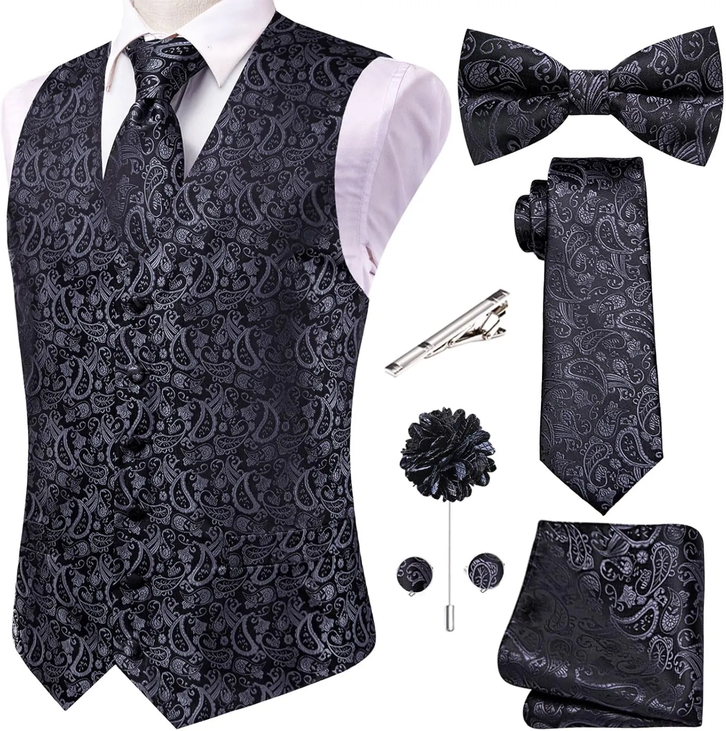 Hi-Tie Men's Silk Vest Bowtie Set Formal Suit Vest Jacquard Tie Handkerchief Cufflinks 5PCS Dress Waistcoats Wedding