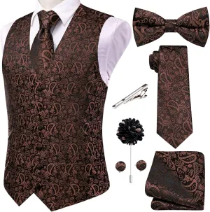 Hi-Tie Men's Silk Vest Bowtie Set Formal Suit Vest Jacquard Tie Handkerchief Cufflinks 5PCS Dress Waistcoats Wedding