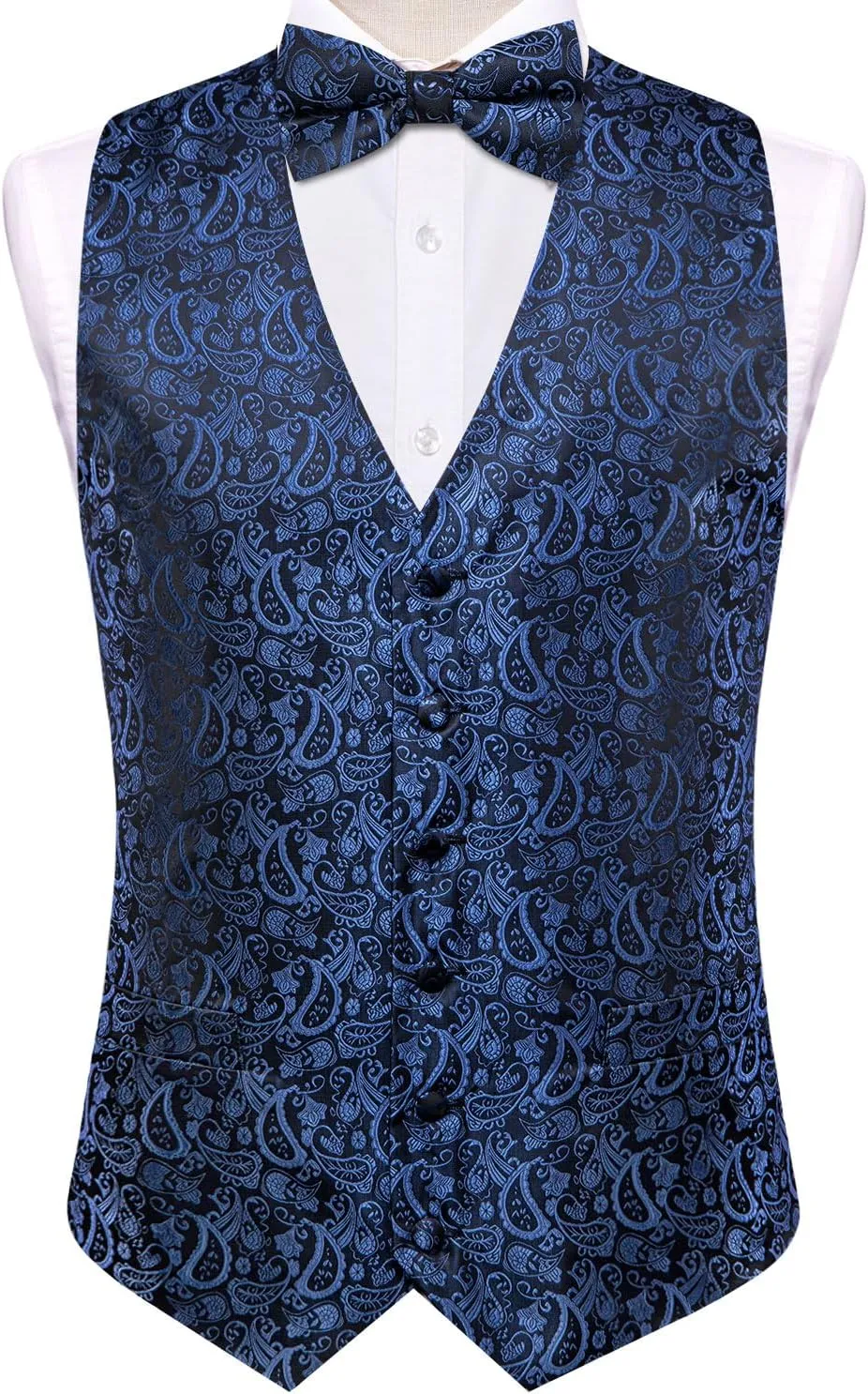 Hi-Tie Men's Silk Vest Bowtie Set Formal Suit Vest Jacquard Tie Handkerchief Cufflinks 5PCS Dress Waistcoats Wedding