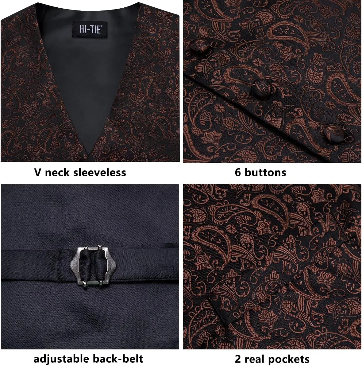 Hi-Tie Men's Silk Vest Bowtie Set Formal Suit Vest Jacquard Tie Handkerchief Cufflinks 5PCS Dress Waistcoats Wedding