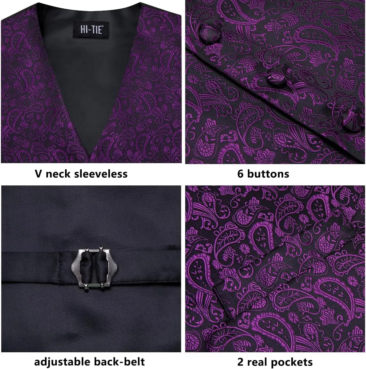 Hi-Tie Men's Silk Vest Bowtie Set Formal Suit Vest Jacquard Tie Handkerchief Cufflinks 5PCS Dress Waistcoats Wedding