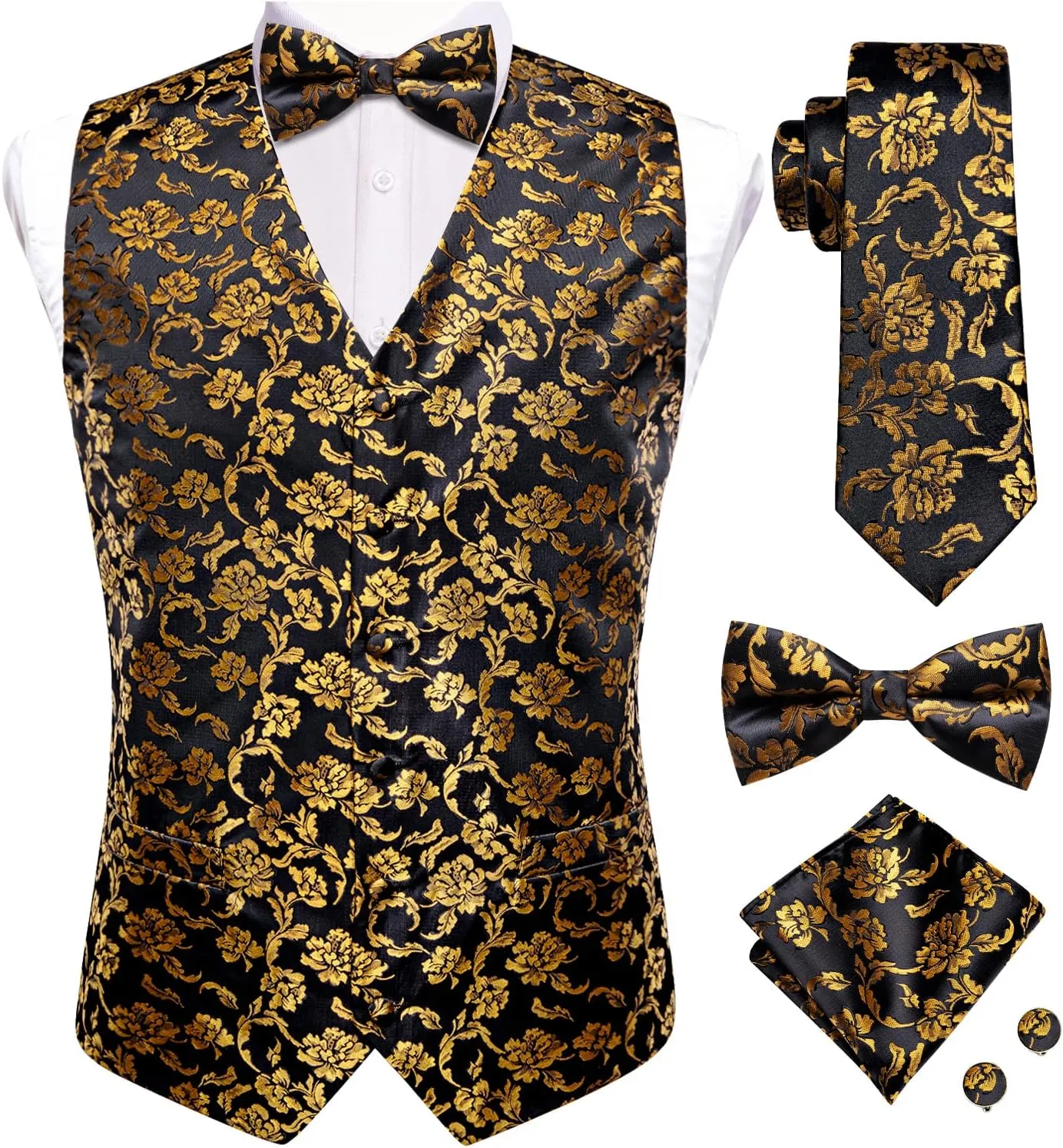 Hi-Tie Men's Silk Vest Bowtie Set Formal Suit Vest Jacquard Tie Handkerchief Cufflinks 5PCS Dress Waistcoats Wedding