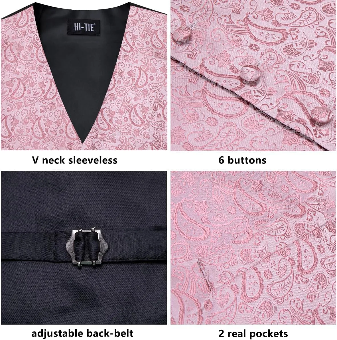 Hi-Tie Men's Silk Vest Bowtie Set Formal Suit Vest Jacquard Tie Handkerchief Cufflinks 5PCS Dress Waistcoats Wedding