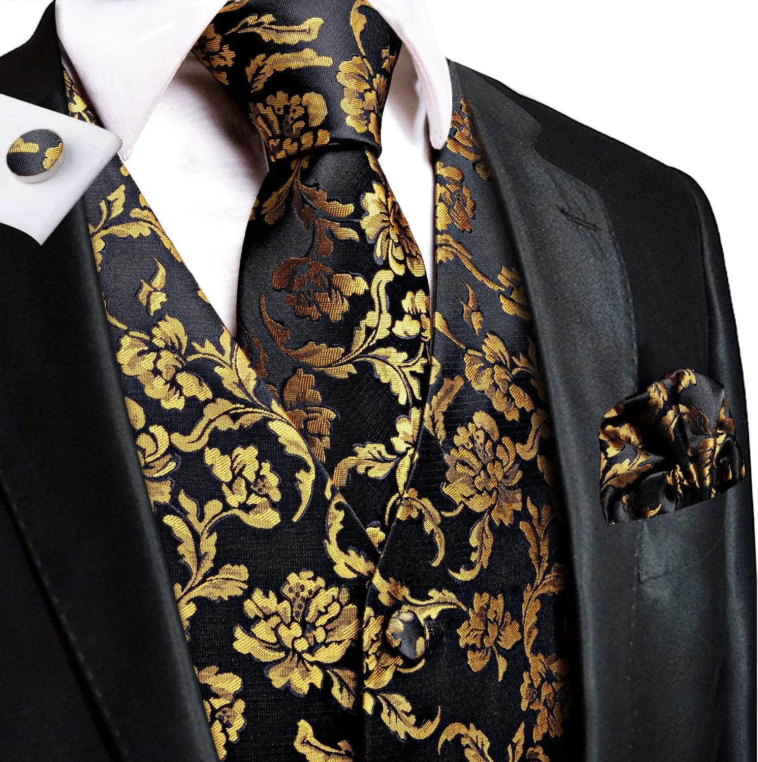 Hi-Tie Men's Silk Vest Bowtie Set Formal Suit Vest Jacquard Tie Handkerchief Cufflinks 5PCS Dress Waistcoats Wedding