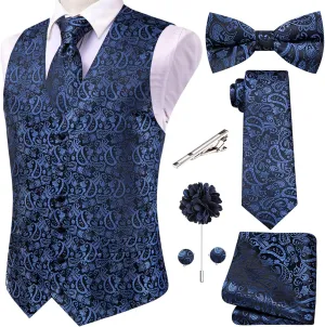 Hi-Tie Men's Silk Vest Bowtie Set Formal Suit Vest Jacquard Tie Handkerchief Cufflinks 5PCS Dress Waistcoats Wedding