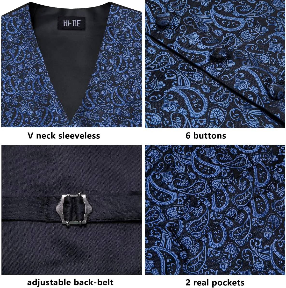 Hi-Tie Men's Silk Vest Bowtie Set Formal Suit Vest Jacquard Tie Handkerchief Cufflinks 5PCS Dress Waistcoats Wedding