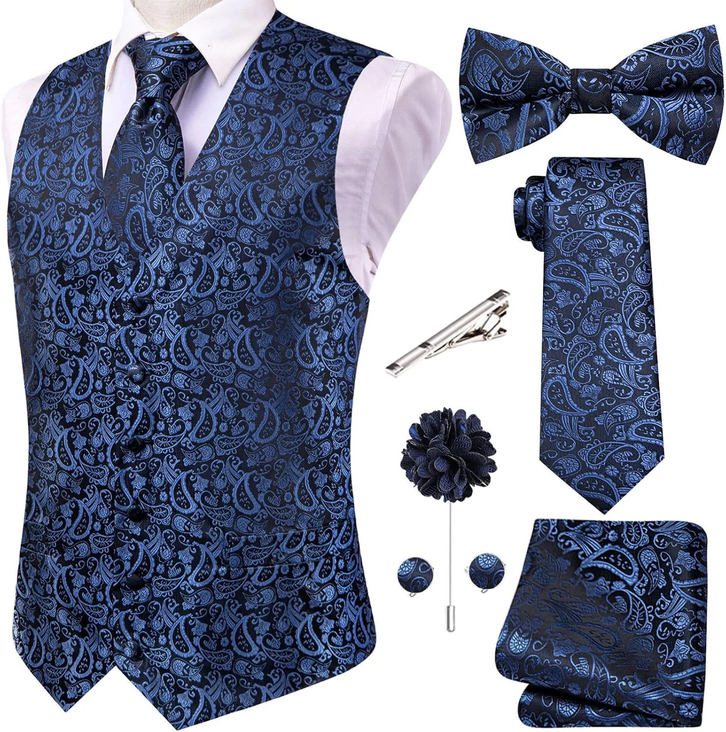 Hi-Tie Men's Silk Vest Bowtie Set Formal Suit Vest Jacquard Tie Handkerchief Cufflinks 5PCS Dress Waistcoats Wedding