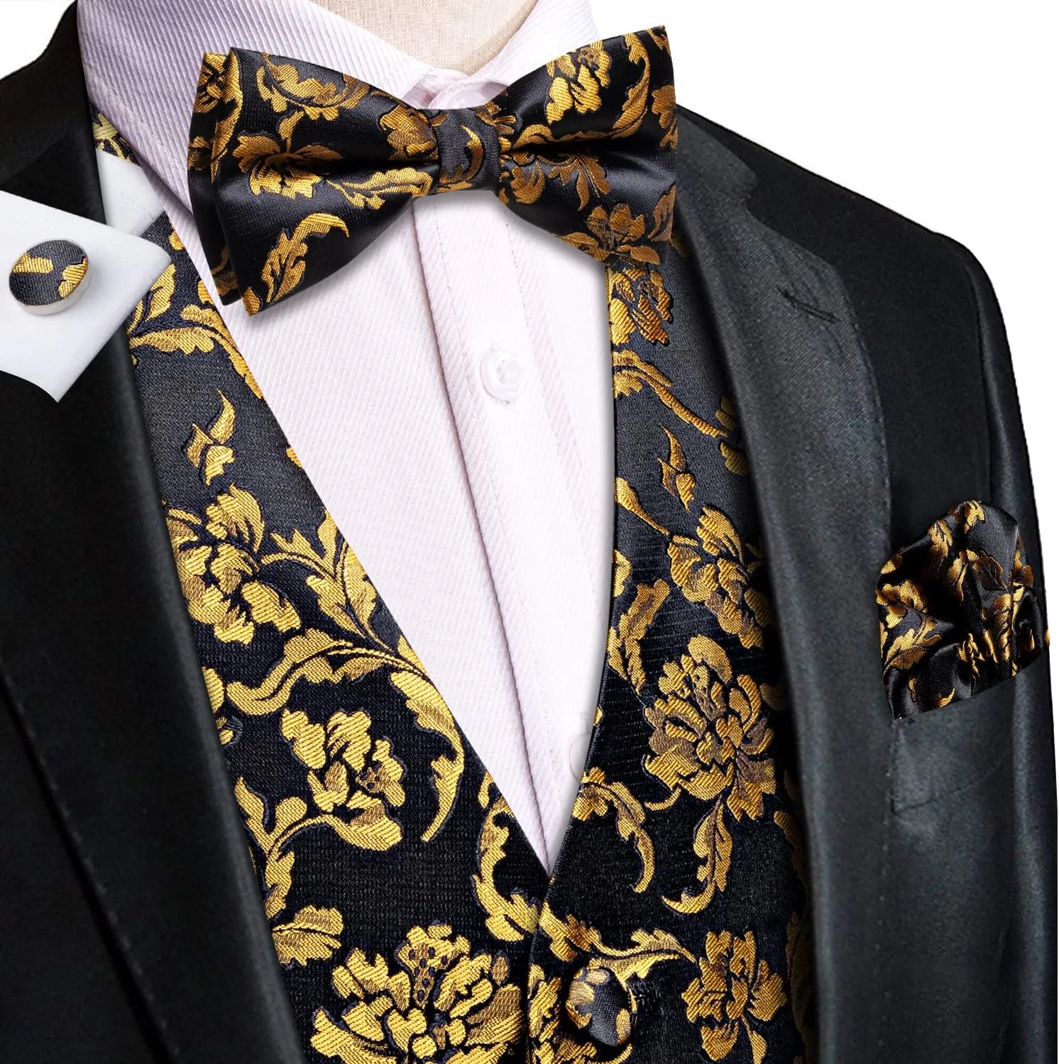 Hi-Tie Men's Silk Vest Bowtie Set Formal Suit Vest Jacquard Tie Handkerchief Cufflinks 5PCS Dress Waistcoats Wedding