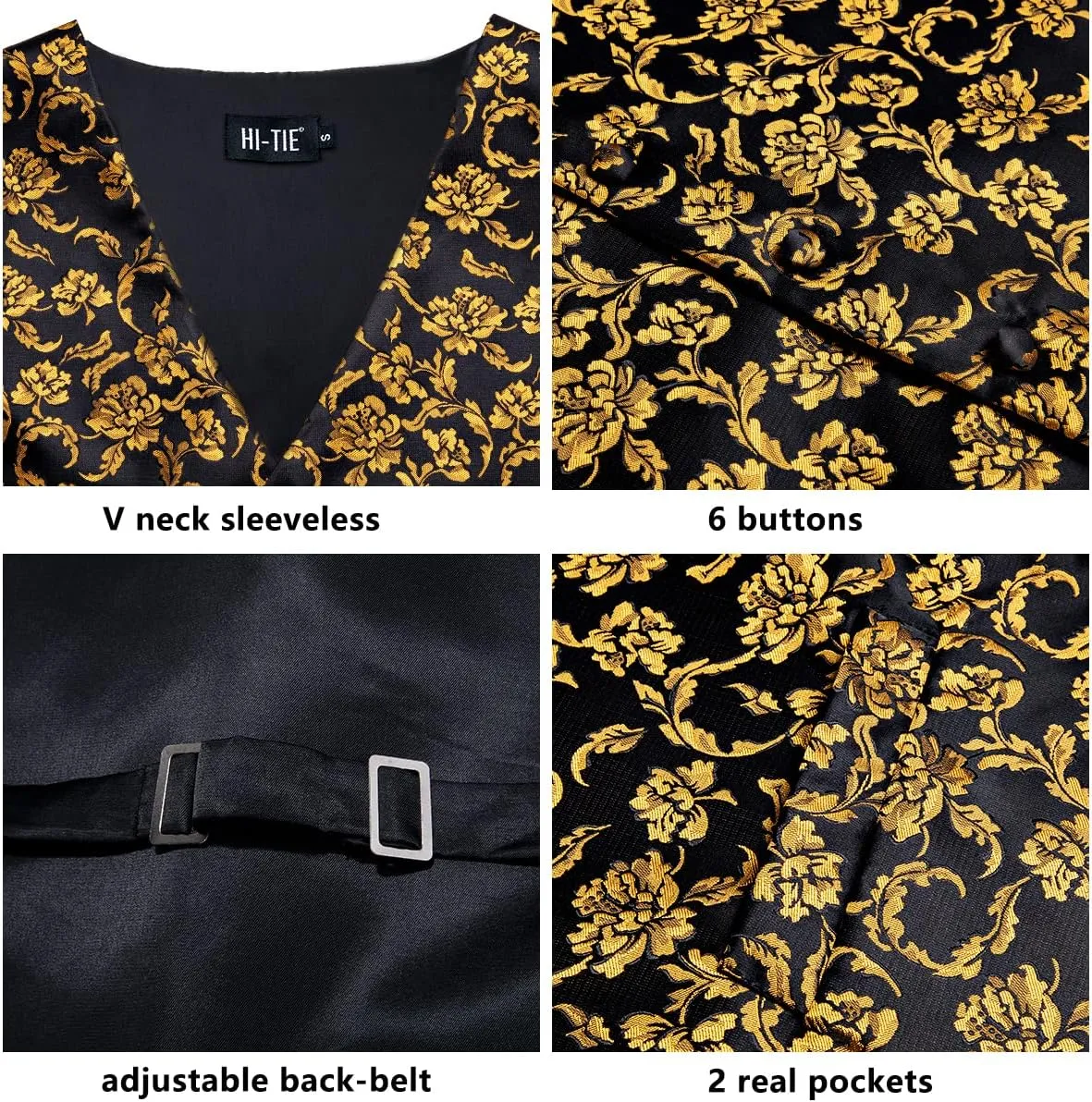 Hi-Tie Men's Silk Vest Bowtie Set Formal Suit Vest Jacquard Tie Handkerchief Cufflinks 5PCS Dress Waistcoats Wedding