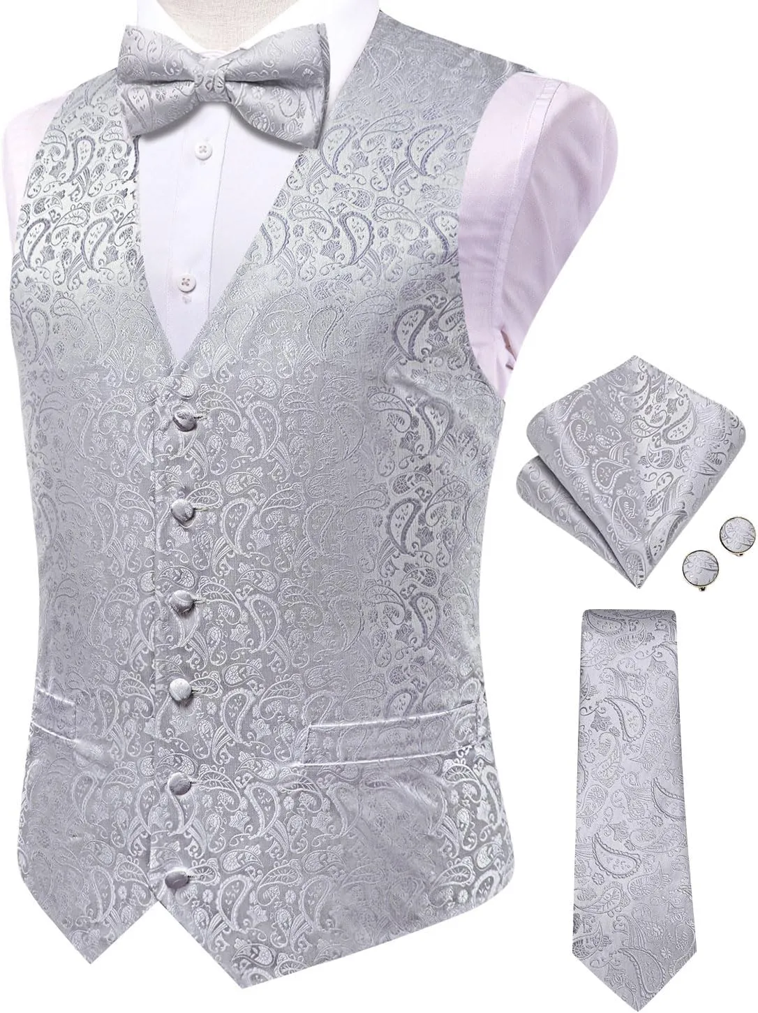 Hi-Tie Men's Silk Vest Bowtie Set Formal Suit Vest Jacquard Tie Handkerchief Cufflinks 5PCS Dress Waistcoats Wedding