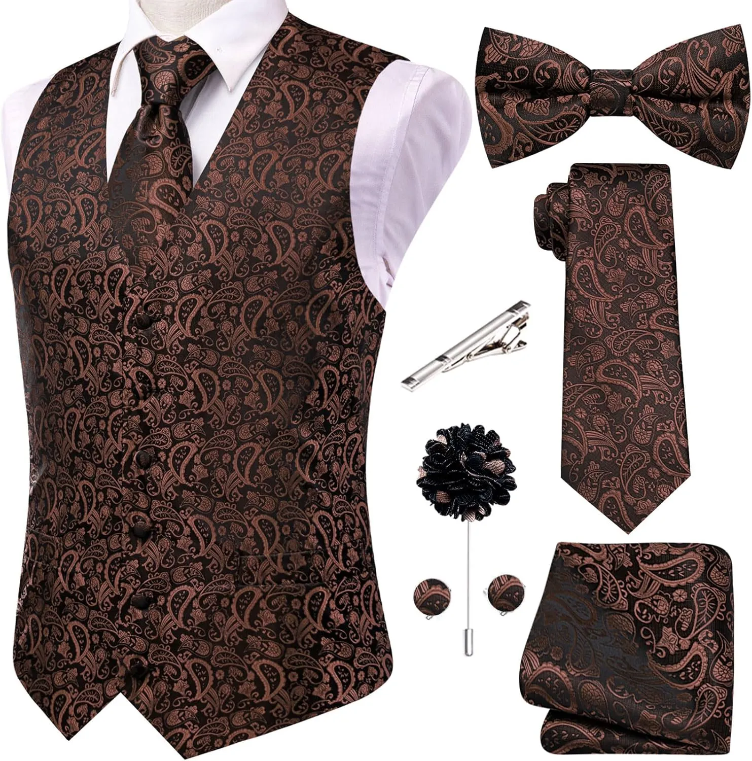 Hi-Tie Men's Silk Vest Bowtie Set Formal Suit Vest Jacquard Tie Handkerchief Cufflinks 5PCS Dress Waistcoats Wedding