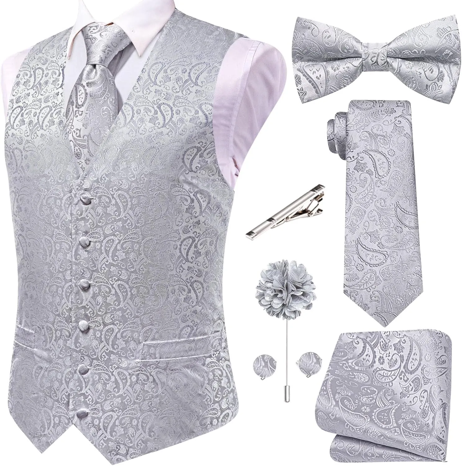 Hi-Tie Men's Silk Vest Bowtie Set Formal Suit Vest Jacquard Tie Handkerchief Cufflinks 5PCS Dress Waistcoats Wedding