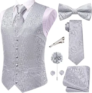 Hi-Tie Men's Silk Vest Bowtie Set Formal Suit Vest Jacquard Tie Handkerchief Cufflinks 5PCS Dress Waistcoats Wedding