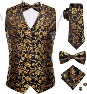 Hi-Tie Men's Silk Vest Bowtie Set Formal Suit Vest Jacquard Tie Handkerchief Cufflinks 5PCS Dress Waistcoats Wedding