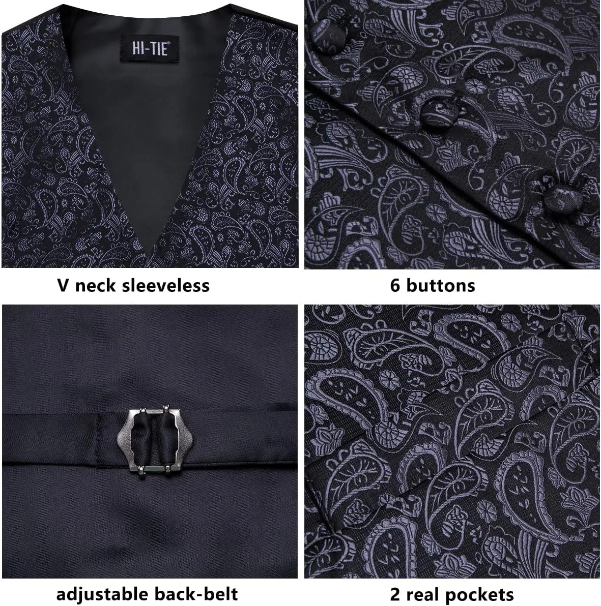 Hi-Tie Men's Silk Vest Bowtie Set Formal Suit Vest Jacquard Tie Handkerchief Cufflinks 5PCS Dress Waistcoats Wedding