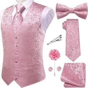 Hi-Tie Men's Silk Vest Bowtie Set Formal Suit Vest Jacquard Tie Handkerchief Cufflinks 5PCS Dress Waistcoats Wedding