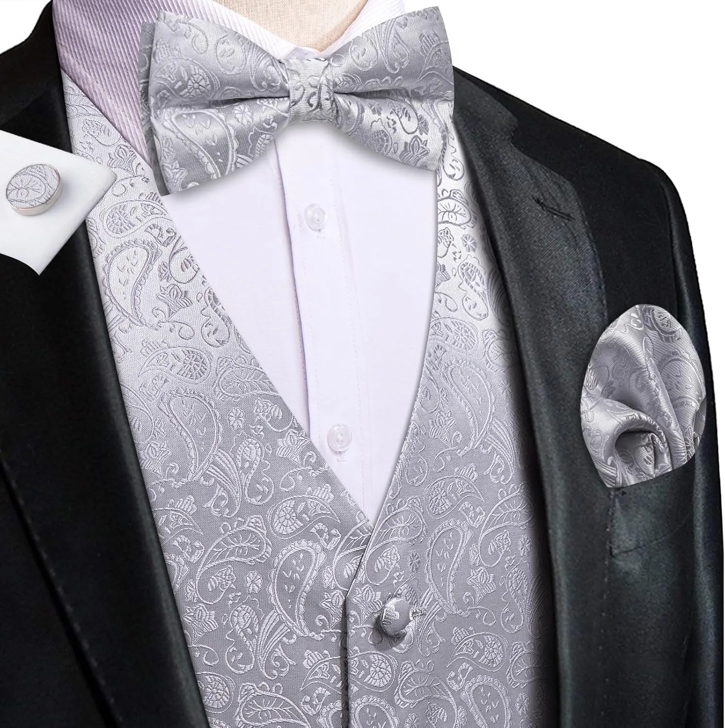 Hi-Tie Men's Silk Vest Bowtie Set Formal Suit Vest Jacquard Tie Handkerchief Cufflinks 5PCS Dress Waistcoats Wedding