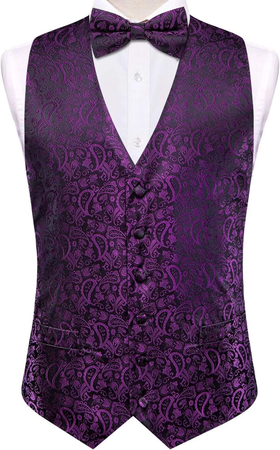 Hi-Tie Men's Silk Vest Bowtie Set Formal Suit Vest Jacquard Tie Handkerchief Cufflinks 5PCS Dress Waistcoats Wedding