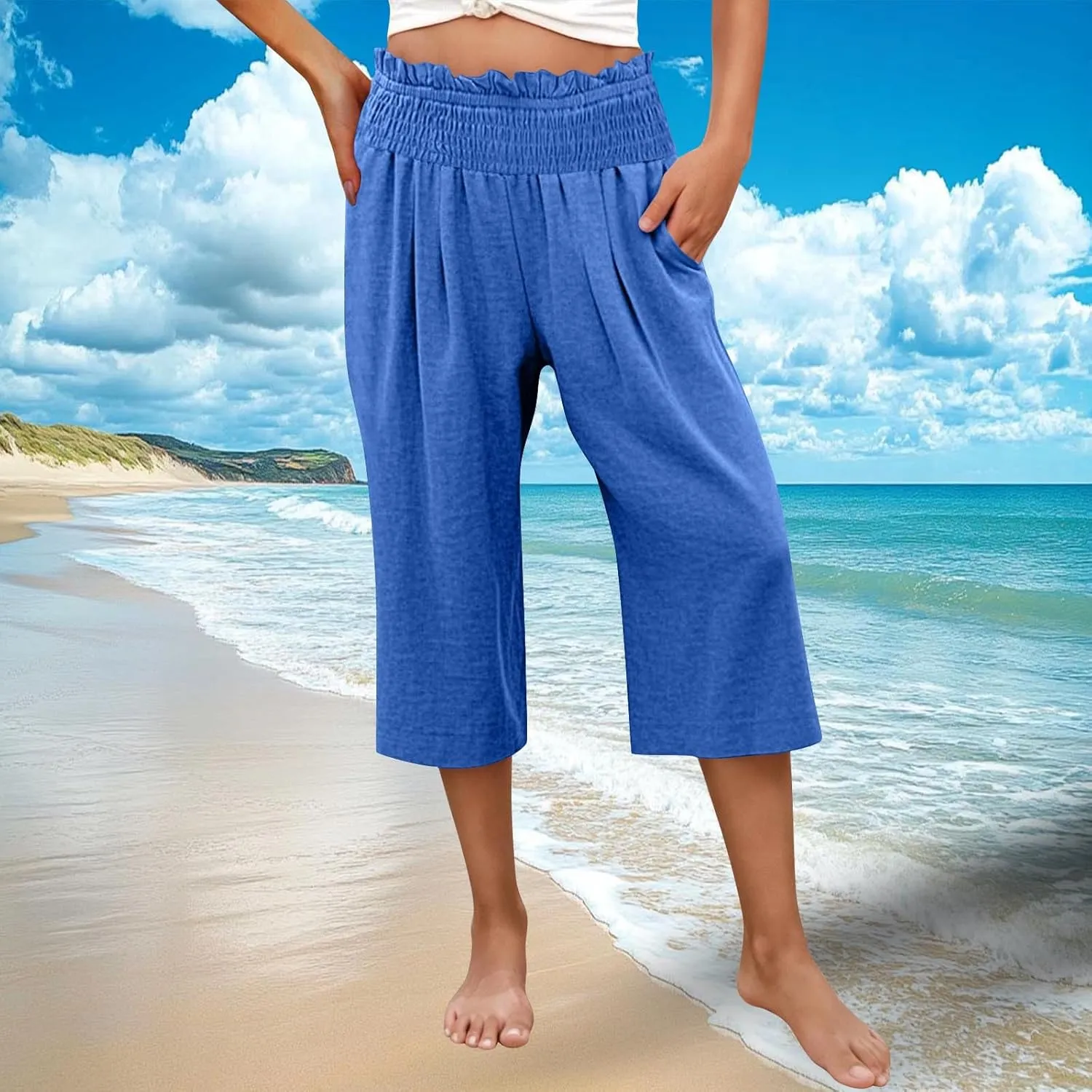 High Waisted Palazzo Pants for Women Wide Leg Linen Capri Pant Casual Summer Beach Cropped Trousers with Pockets