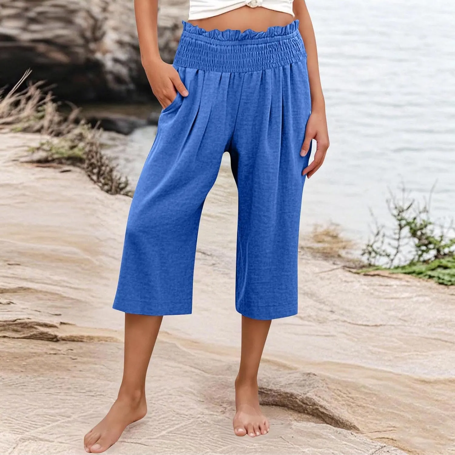 High Waisted Palazzo Pants for Women Wide Leg Linen Capri Pant Casual Summer Beach Cropped Trousers with Pockets