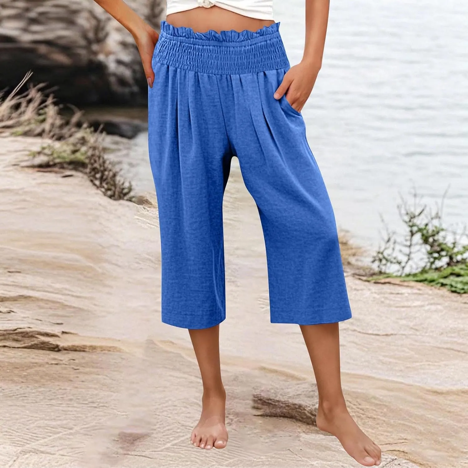 High Waisted Palazzo Pants for Women Wide Leg Linen Capri Pant Casual Summer Beach Cropped Trousers with Pockets