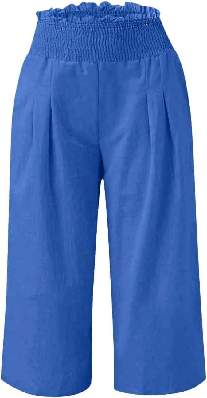 High Waisted Palazzo Pants for Women Wide Leg Linen Capri Pant Casual Summer Beach Cropped Trousers with Pockets
