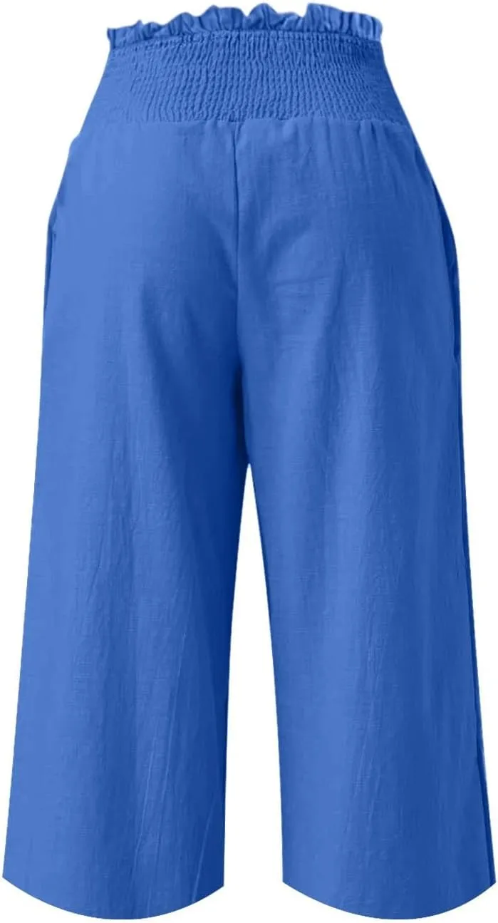 High Waisted Palazzo Pants for Women Wide Leg Linen Capri Pant Casual Summer Beach Cropped Trousers with Pockets