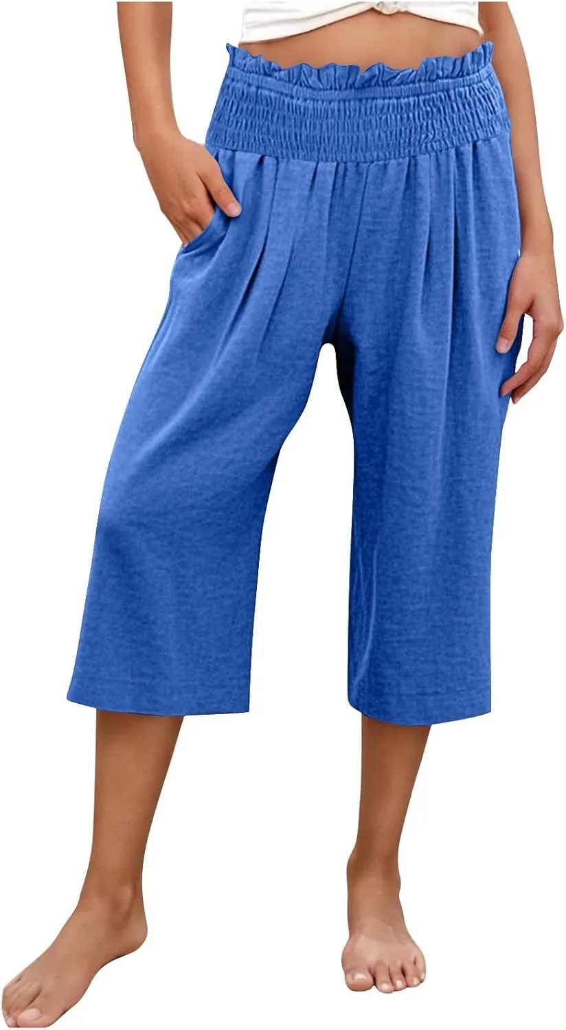 High Waisted Palazzo Pants for Women Wide Leg Linen Capri Pant Casual Summer Beach Cropped Trousers with Pockets