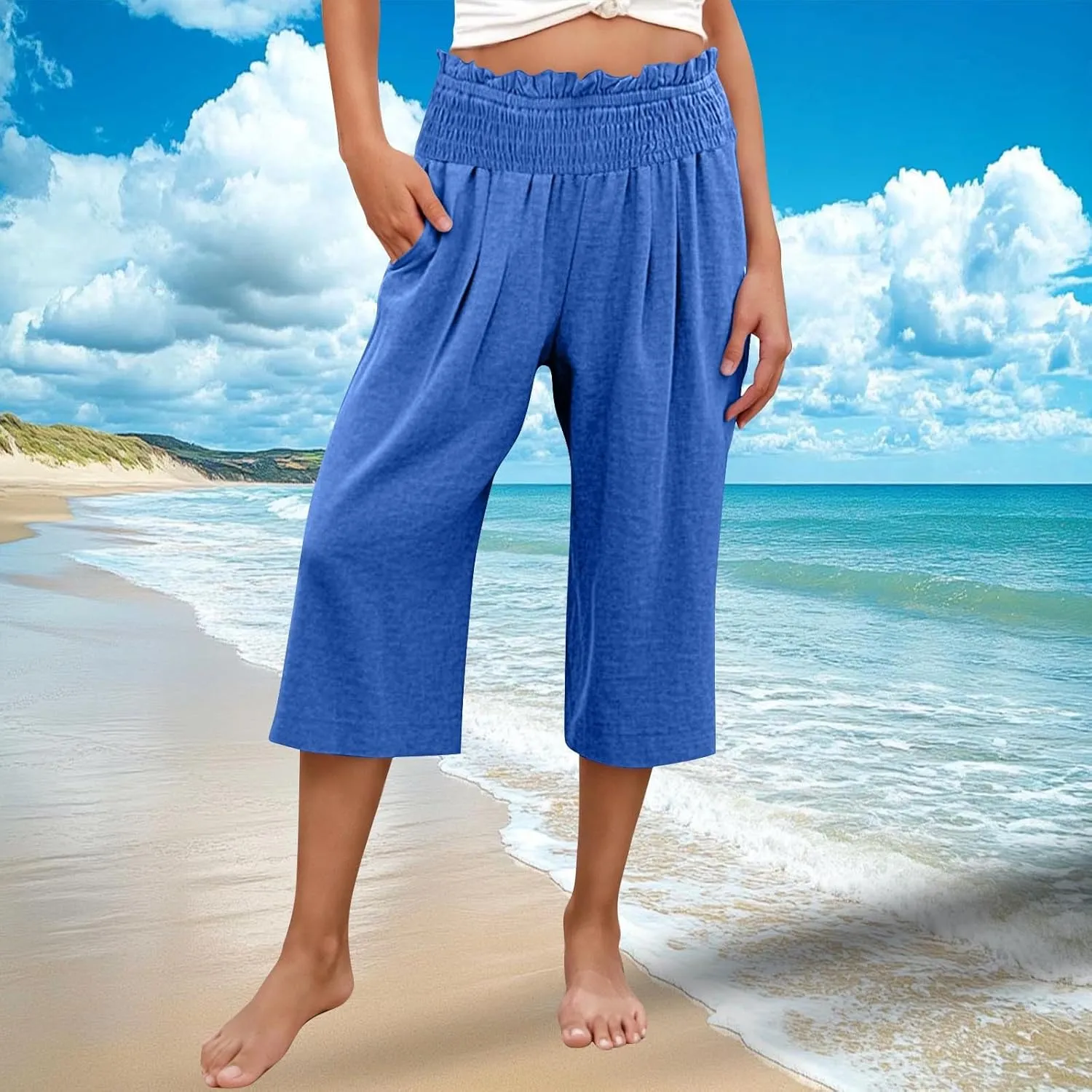 High Waisted Palazzo Pants for Women Wide Leg Linen Capri Pant Casual Summer Beach Cropped Trousers with Pockets