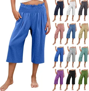 High Waisted Palazzo Pants for Women Wide Leg Linen Capri Pant Casual Summer Beach Cropped Trousers with Pockets