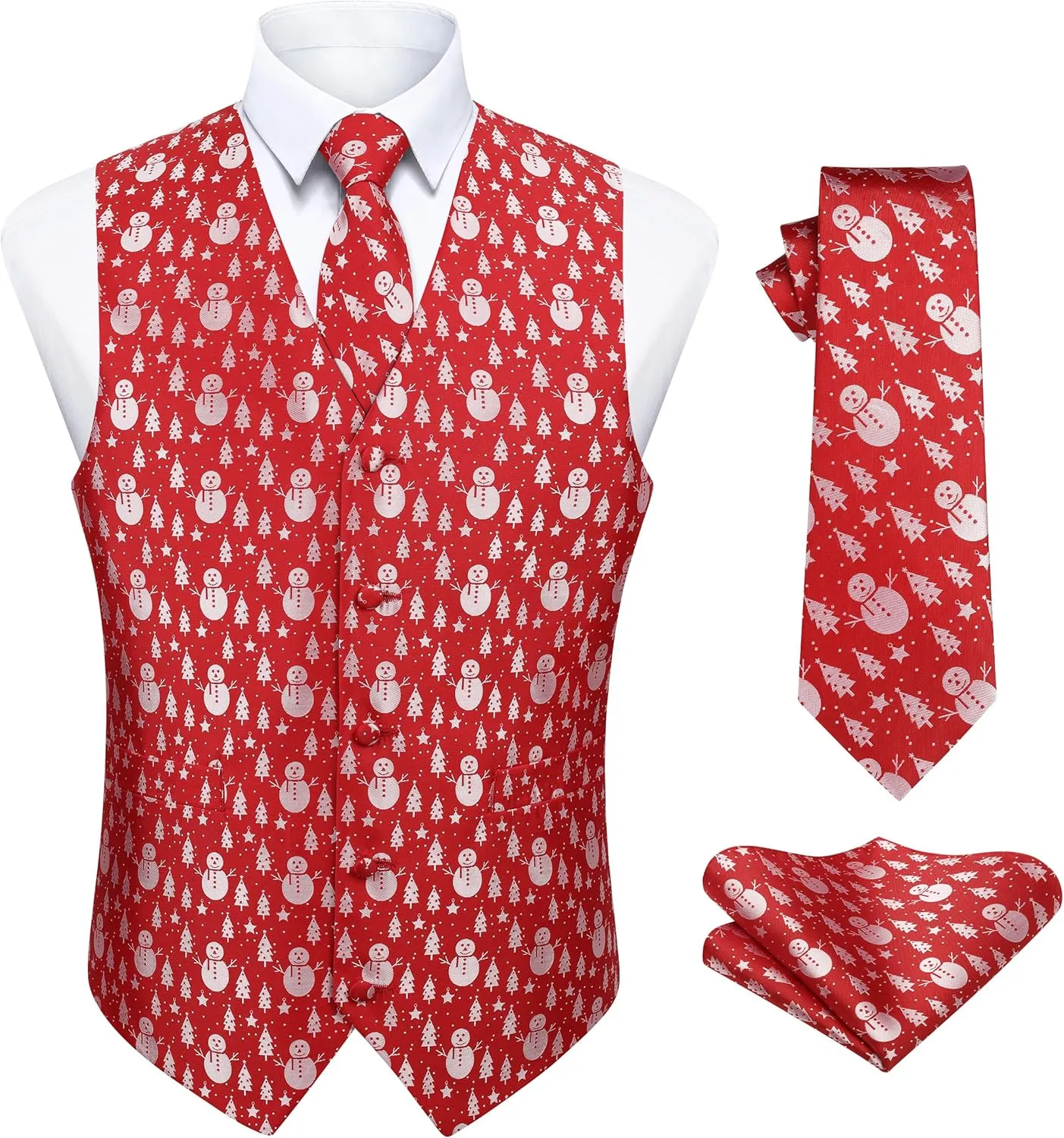HISDERN Men's Suit Vest Christmas Holiday Season Party Jacquard Waistcoats Necktie Pocket Square Vest Suit Set