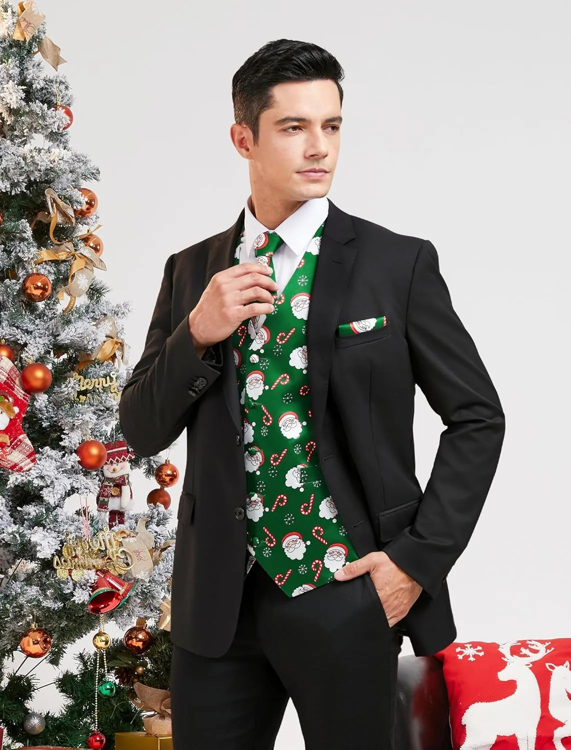 HISDERN Men's Suit Vest Christmas Holiday Season Party Jacquard Waistcoats Necktie Pocket Square Vest Suit Set
