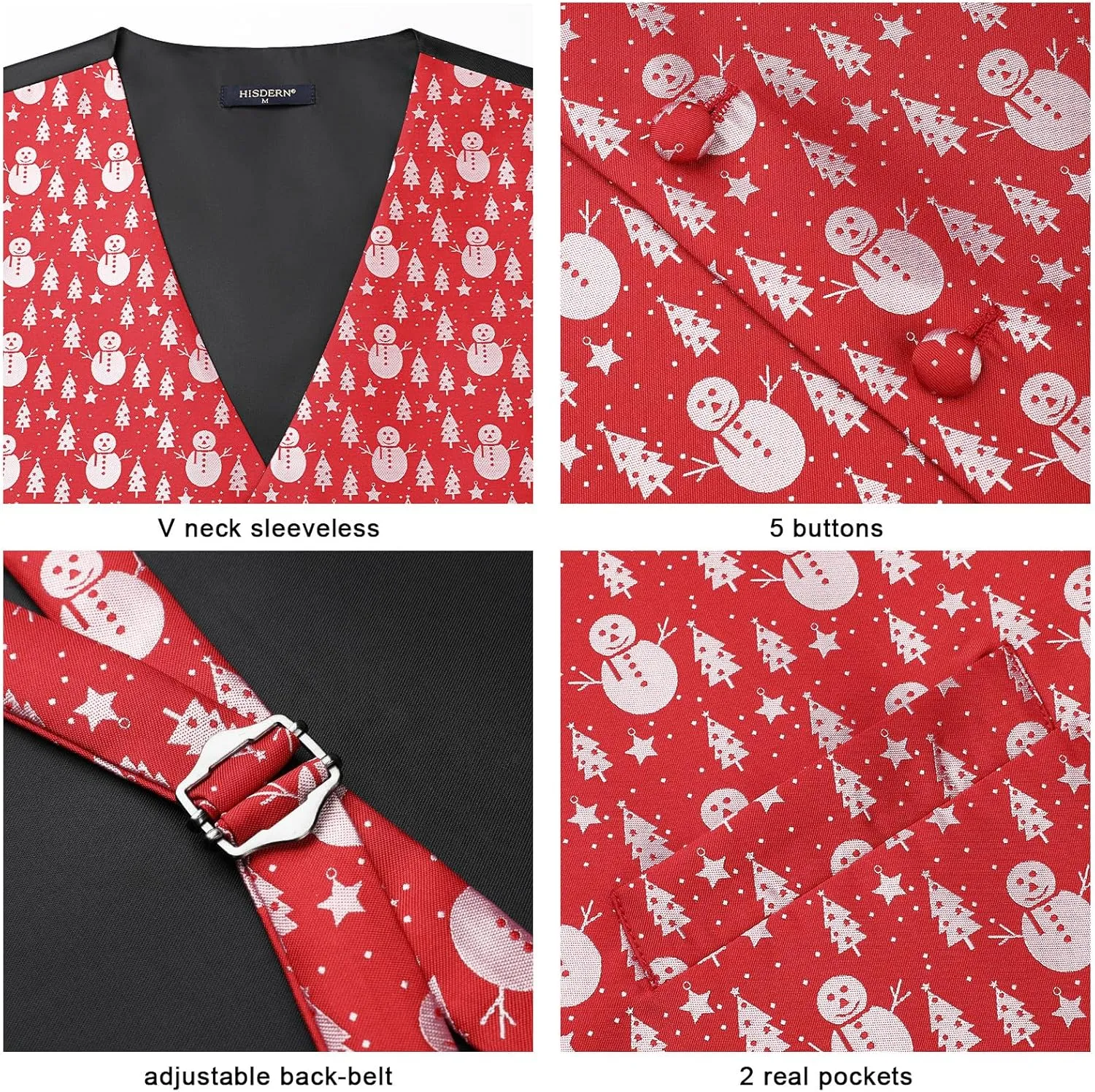 HISDERN Men's Suit Vest Christmas Holiday Season Party Jacquard Waistcoats Necktie Pocket Square Vest Suit Set