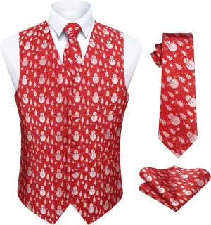 HISDERN Men's Suit Vest Christmas Holiday Season Party Jacquard Waistcoats Necktie Pocket Square Vest Suit Set