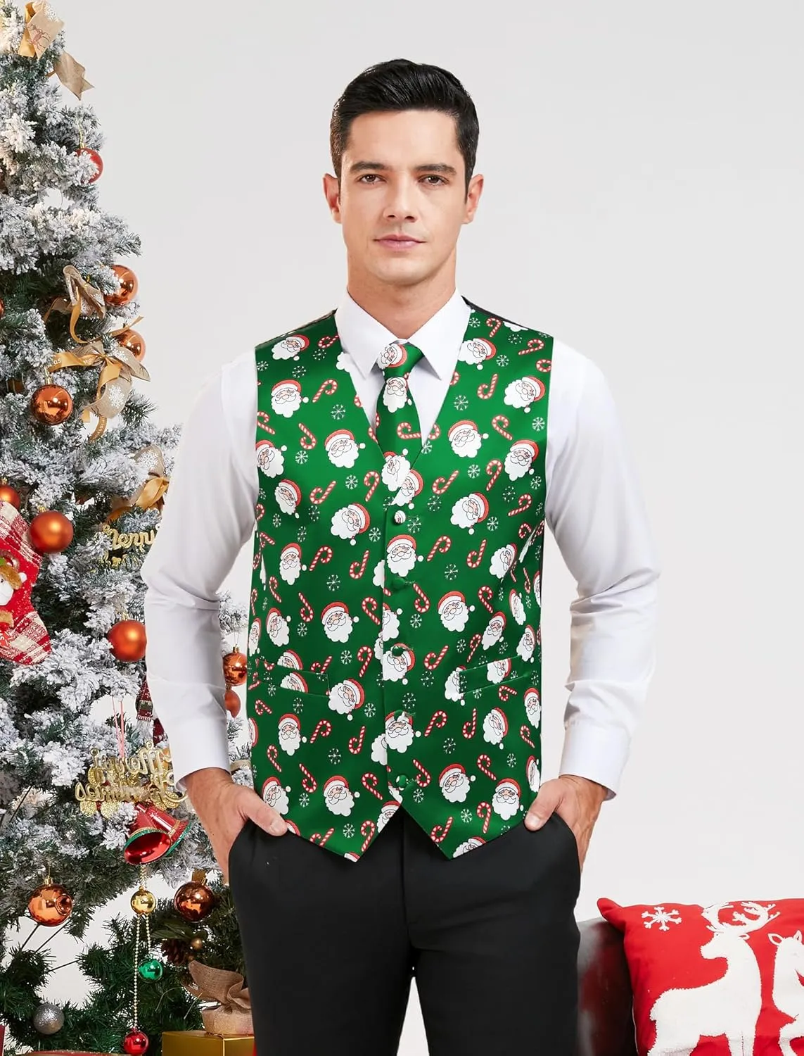 HISDERN Men's Suit Vest Christmas Holiday Season Party Jacquard Waistcoats Necktie Pocket Square Vest Suit Set