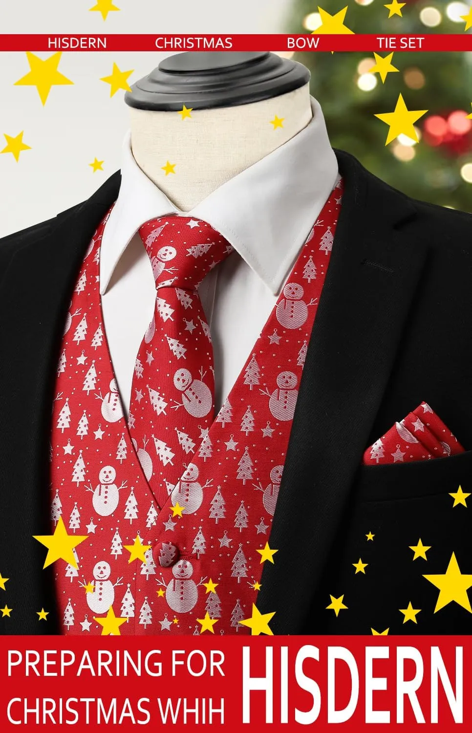 HISDERN Men's Suit Vest Christmas Holiday Season Party Jacquard Waistcoats Necktie Pocket Square Vest Suit Set
